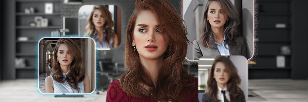 a woman's picture with 4 headshot examples made by PhotoDirector